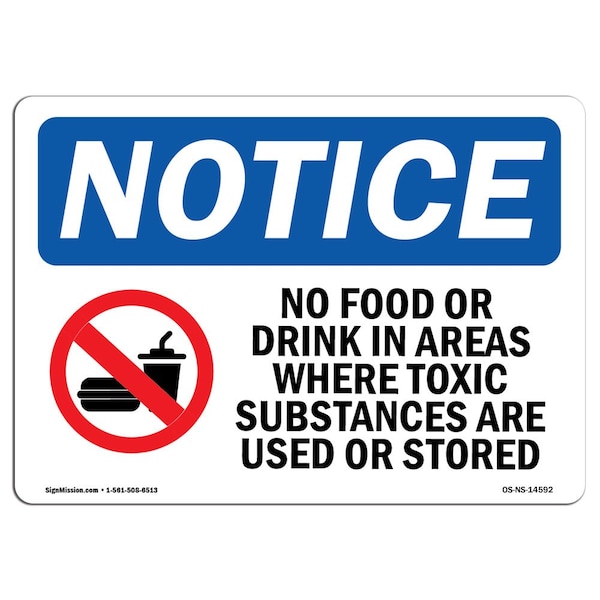 Safety Sign, OSHA Notice, 18" Height, No Food Or Drink In Areas Where Sign With Symbol, Landscape